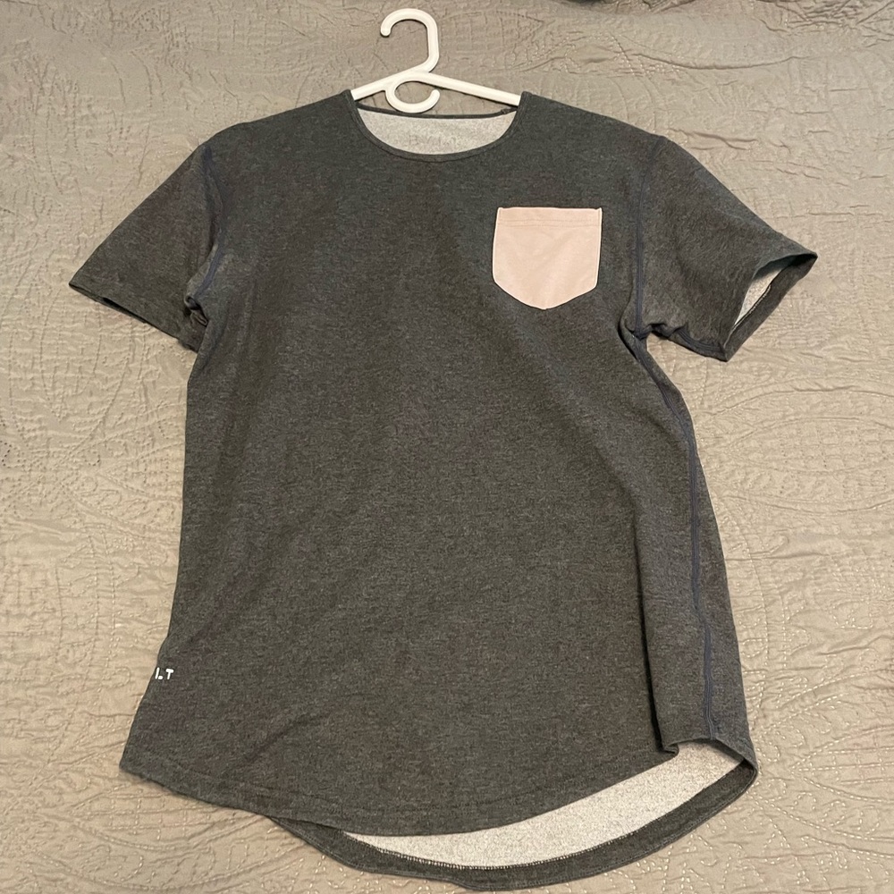 BYLT mens shirt- size small- color heather gray with salmon pocket